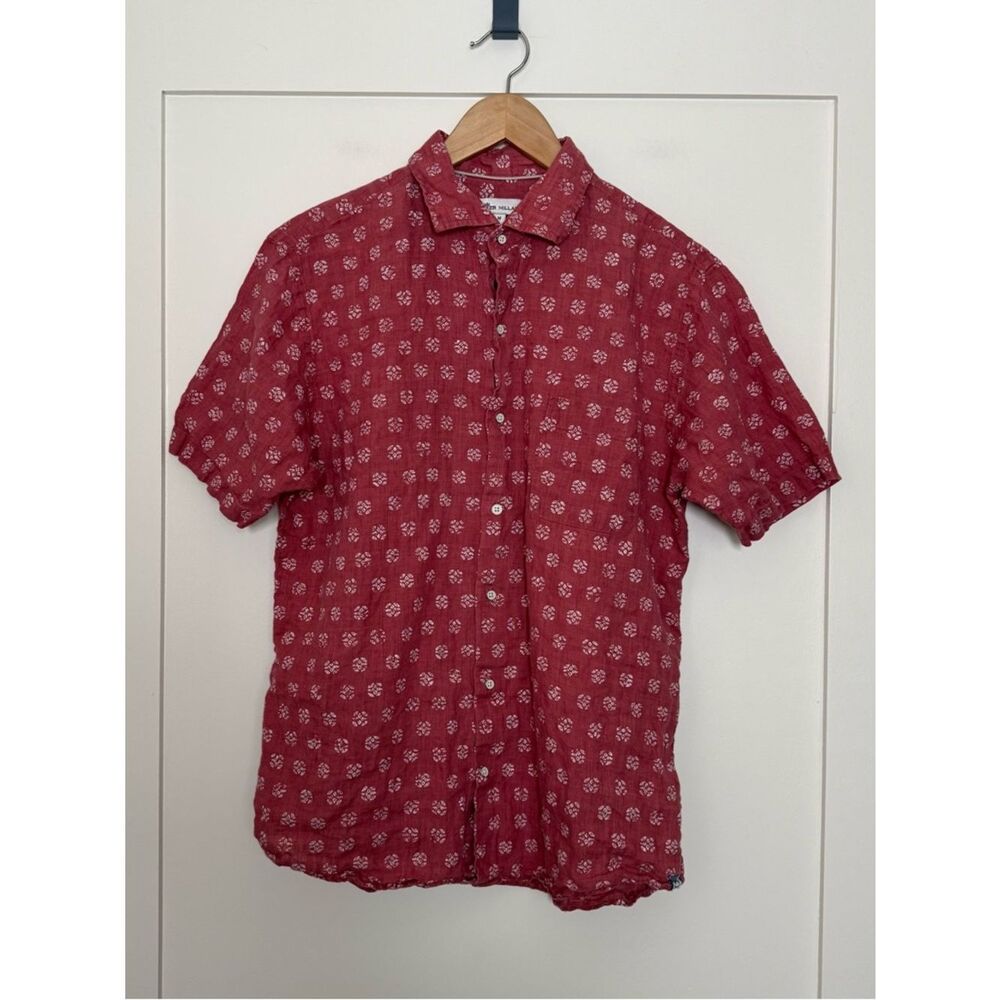 Peter Millar Red Short-Sleeve Button-Down with White Floral Motif